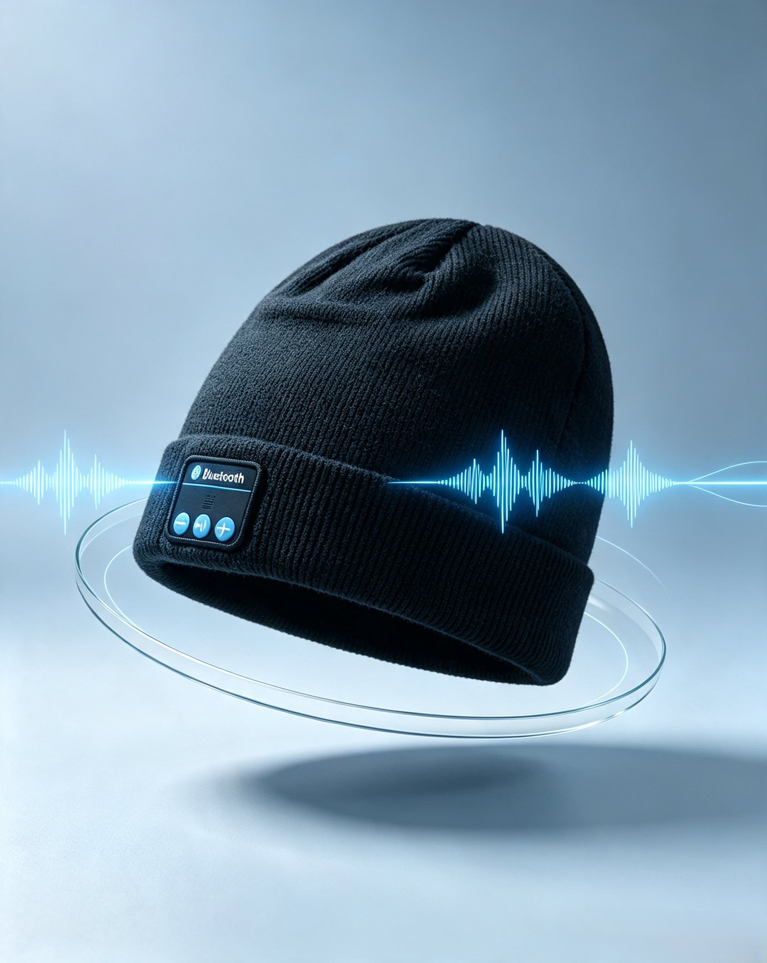 Warm black Bluetooth knit hat with audio wave visual for B2B sourcing